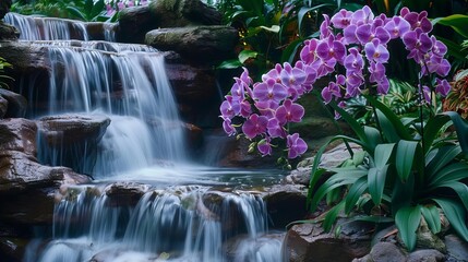 majestic purple orchids cascading by a serene waterfall lush floral landscape