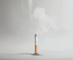 Quit smoking concept, cigarette standing on ash with smoke isolated on white background