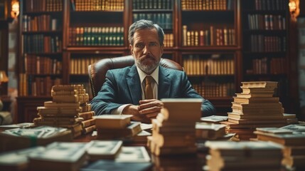 Businessman in Suit Surrounded by Books. Generative AI