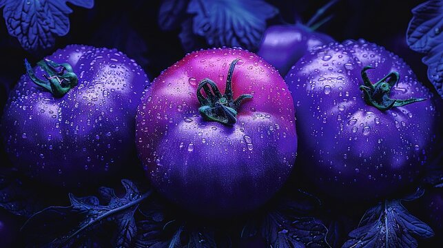   Three purple tomatoes sit atop a green plant, dotted with water droplets