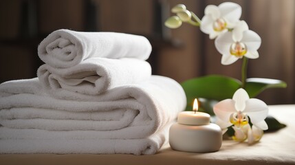  Stacked white towels , a lit candle , and a orchid flower on a wooden surface 
