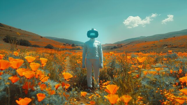 Surreal Portrait of a Person in a Vintage Diving Helmet Standing in a Field of Orange Flowers