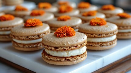 Obraz na płótnie Canvas A close-up shot of a tray of cookies adorned with frosting and an orange flower atop each cookie