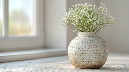   White vase with white flowers on wooden table by white window sill © Sonya