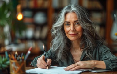 over 50 woman with dark hair sitting at a desk writing an article