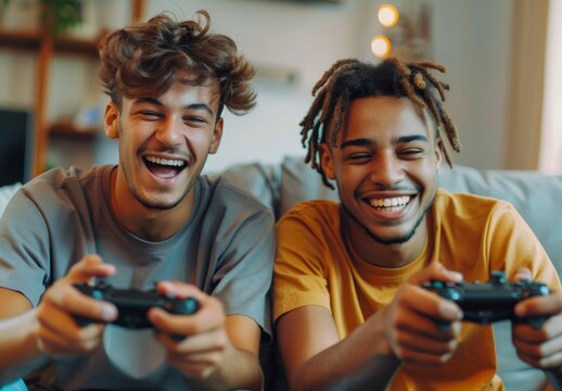 Two young men playing video games and laughing while sitting on the sofa at home, with their friends using game controllers in their hands.