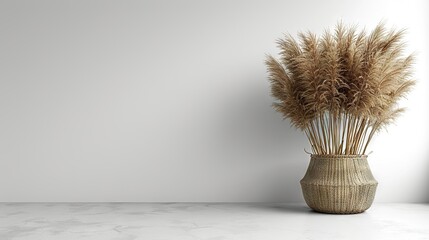   A vase, brimming with dry grass, sits atop a white counter, beside a window and a white wall - obrazy, fototapety, plakaty