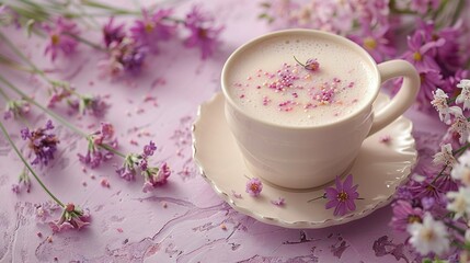 Obraz na płótnie Canvas A cup overflowing with liquid perched precariously atop a saucer, surrounded by an array of vibrant purple and white blossoms