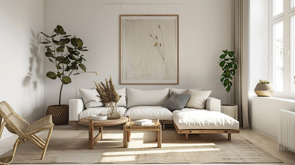 Clean lines and natural light define a Scandinavian-inspired living room, complete with a comfortable sofa, chic coffee table, and an empty wall ready for custom adornment.