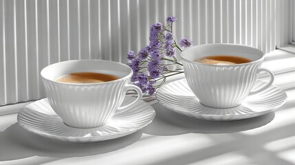   A couple of cups of coffee resting atop a saucer alongside a vase brimming with purple blossoms