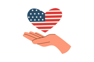 Human hand holding american flag in the shape of heart. Memorial day and Independence day concept. Vector flat illustration.