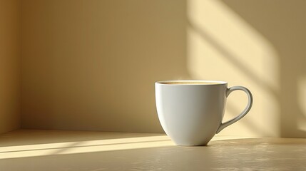   A white coffee cup rests atop a table, beside a sunbeam streaming through a nearby window
