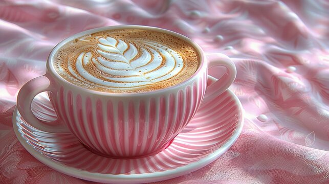   Cup on saucer on pink tablecloth with swirls