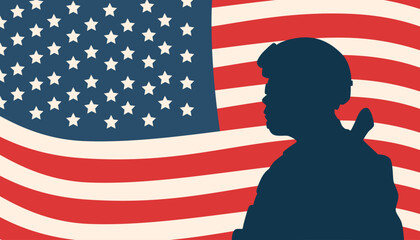 Memorial day background. The silhouette of a soldier and american flag. Vector flat illustration. 