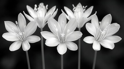   A collection of white blossoms positioned atop a monochrome image depicting a group of white blooms perched upon a black and white photograph of a dark backdrop