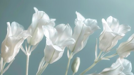   A group of white flowers arranged on a blue countertop against a soft blue background