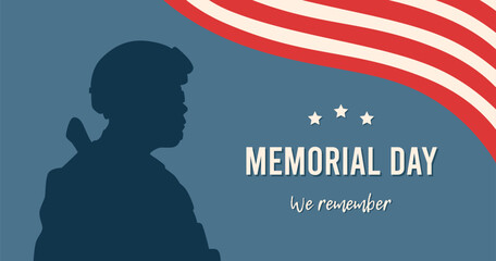 Memorial day background. The silhouette of a soldier and american flag. Vector flat illustration. 