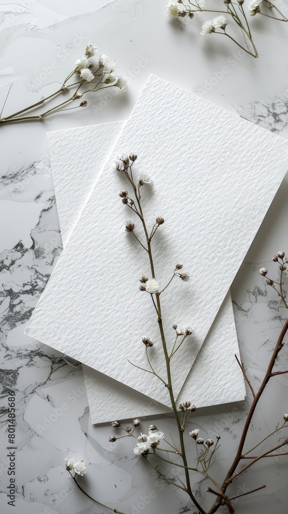 Poster two white sheets of paper with a white flower on top of them. the flower is surrounded by other whit