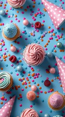 Naklejka premium A blue background with a bunch of cupcakes and a bunch of confetti. The cupcakes are in various colors and sizes, and the confetti is scattered all over the background