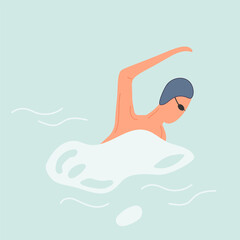Artistic illustration depicting a swimmer with goggles and cap, partly submerged in swirling blue water.