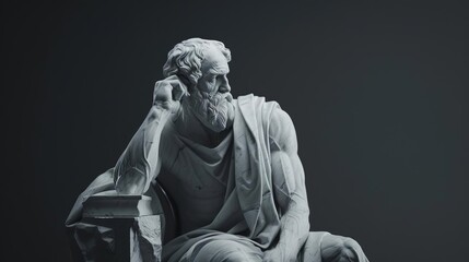 minimalist digital render of a stoic greek philosopher deep in thought black and white concept illustration
