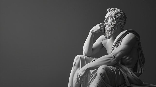 minimalist digital render of a stoic greek philosopher deep in thought black and white concept illustration