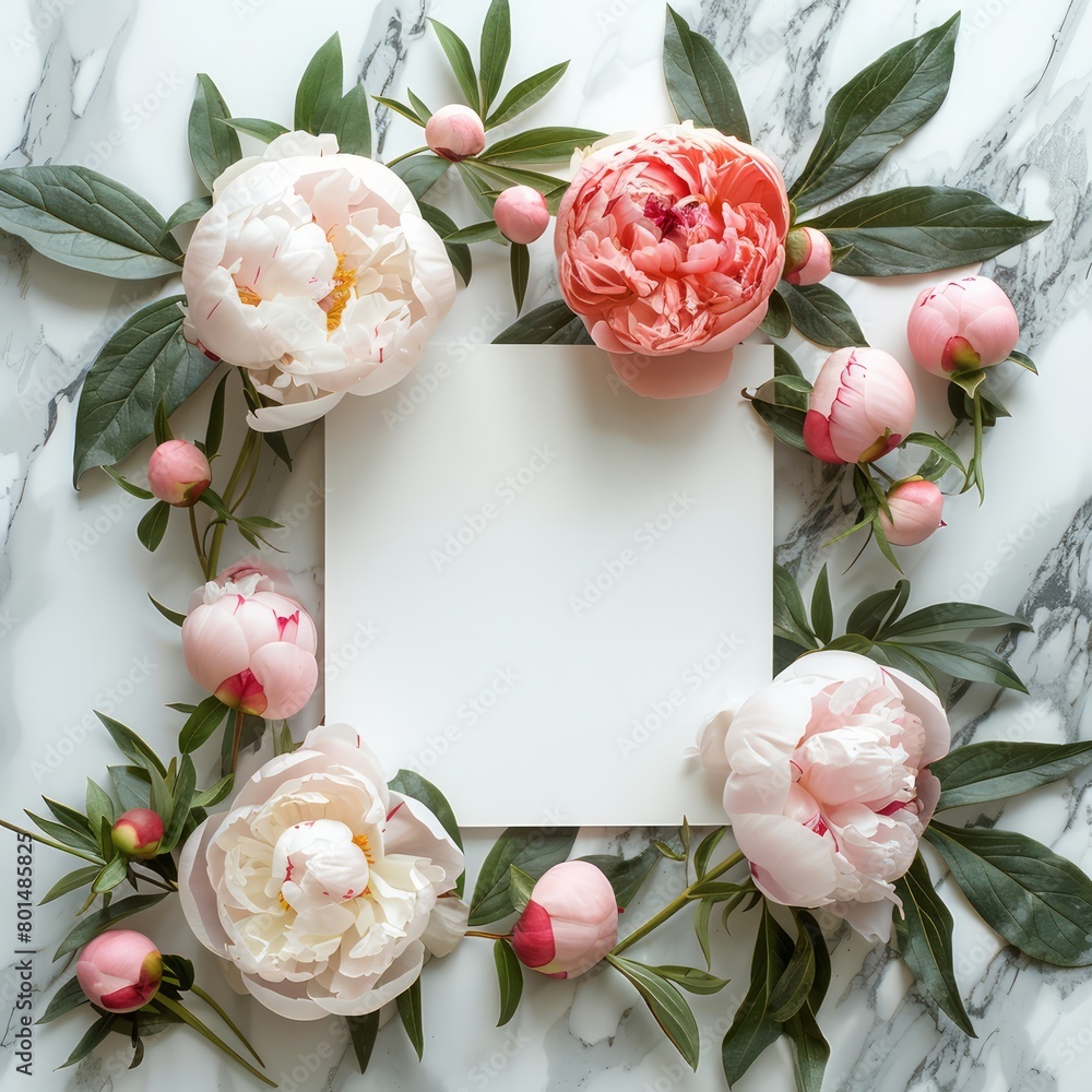Poster a white frame with pink flowers surrounding it. the flowers are pink and white and are arranged in a