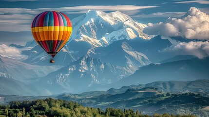 Fototapeta na wymiar a colorful hot air balloon gliding gracefully over the breathtaking French Alps, as passengers inside the wicker basket enjoy the awe-inspiring aerial vista below.