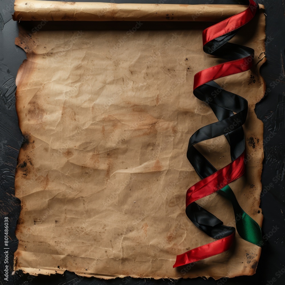 Poster A scroll of paper with a ribbon on it. The ribbon is red and black. The paper is old and has a worn look to it
