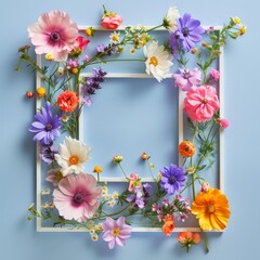 A colorful flower arrangement is displayed in a white frame. The flowers are arranged in a way that creates a sense of harmony and balance. The colors of the flowers are bright and cheerful