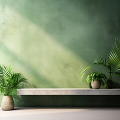 Green minimalistic abstract empty stone wall mockup background for product presentation. Neutral industrial interior with light, plants