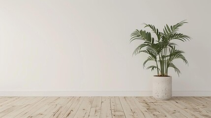 minimalistic white wall mockup with potted plant and textured wooden floor interior design background