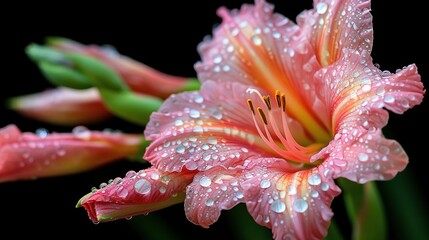   Pink flower with water droplets on petals and green stem against black backdrop