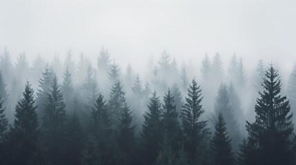 misty dark forest silhouette against foggy white sky atmospheric landscape