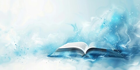 Open book with blue swirling abstract designs suggesting a magical or fantasy concept - obrazy, fototapety, plakaty