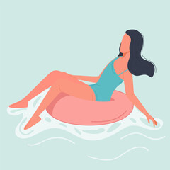 Illustration of a woman relaxing on a pink inflatable ring in serene blue water, evoking a relaxed and peaceful atmosphere.