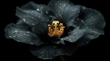   A detailed image of a blue flower with water droplets on its petals against a dark backdrop