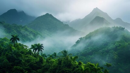 misty mountains at dawn in lush green tropical rainforest landscape photo with cutout