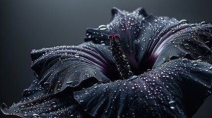   A zoomed-in image of a black blossom adorned with droplets of water against a backdrop of darkness, featuring a prominent pink bloom at the center - Powered by Adobe
