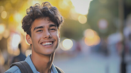 homem jovem sorrindo na cidade com o fundo desfocado - Perfil