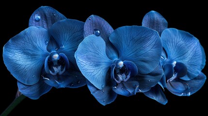   Three blue flowers in close-up, with droplets of water on their petals