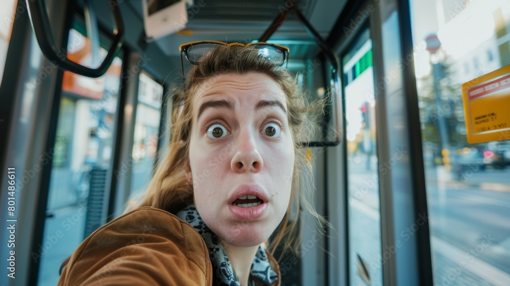 Canvas Prints confused and frustrated woman in a brown jacket and glasses looks into the camera through the glass of a bus.