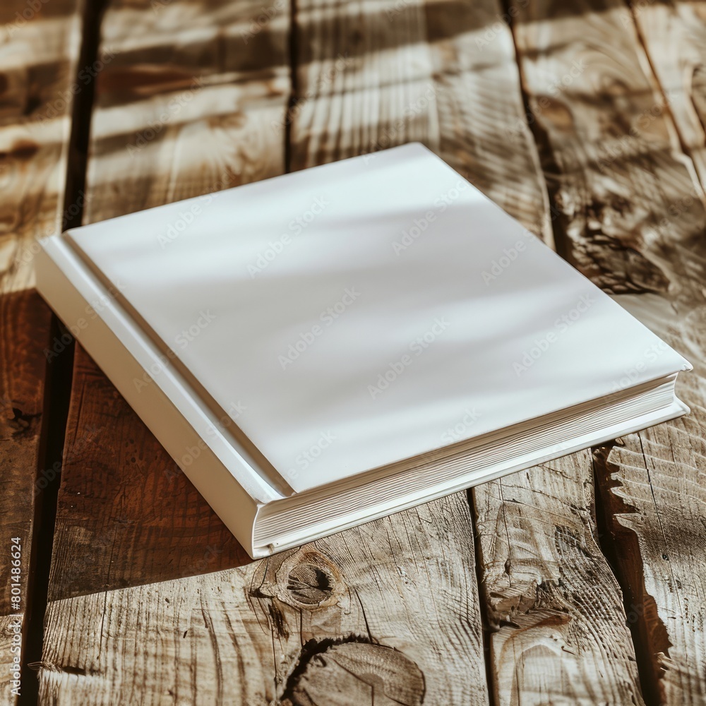 Poster a white book sits on a wooden table. the book is open to a blank page, ready to be filled with words
