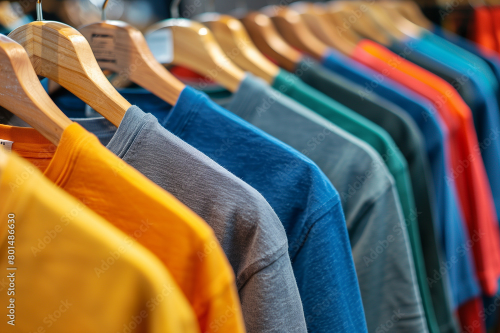 Canvas Prints colorful t-shirts on hangers in a fashion store