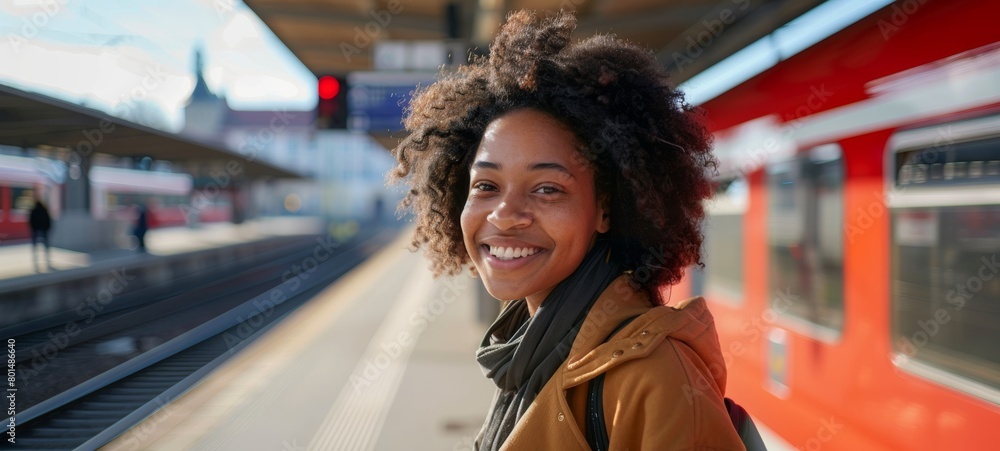 Poster Friendly smiling black woman in her 30s standing at a modern train station smiling confidently at the camera