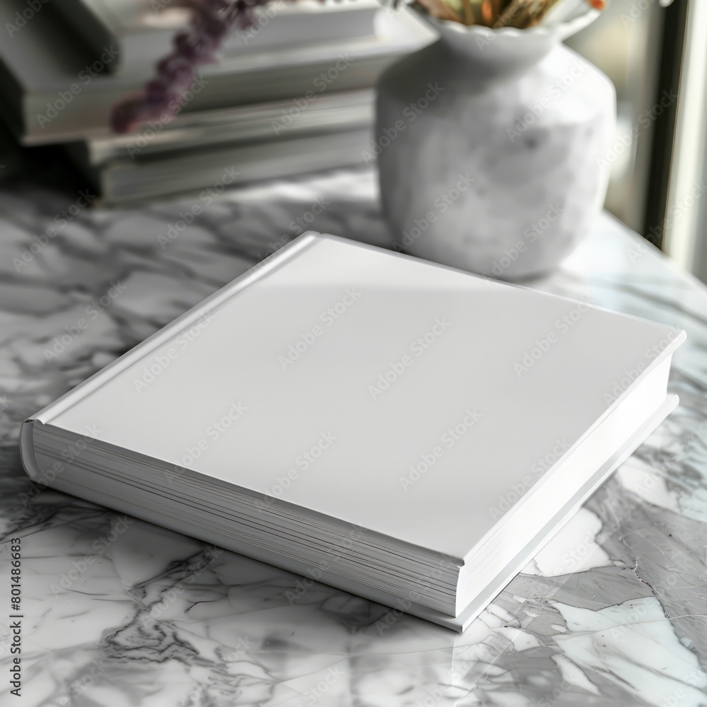 Poster a white book sits on a marble countertop. the book is open to a blank page, and the table is surroun