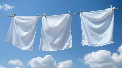   Three white towels hang on a clothesline against a blue backdrop Foreground features clouds