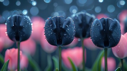   A collection of pink tulips surrounded by blue and pink tulips with water droplets, serving as a...