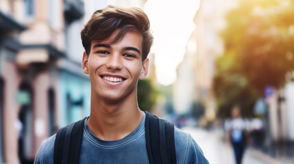 homem jovem sorrindo na cidade com o fundo desfocado - Perfil