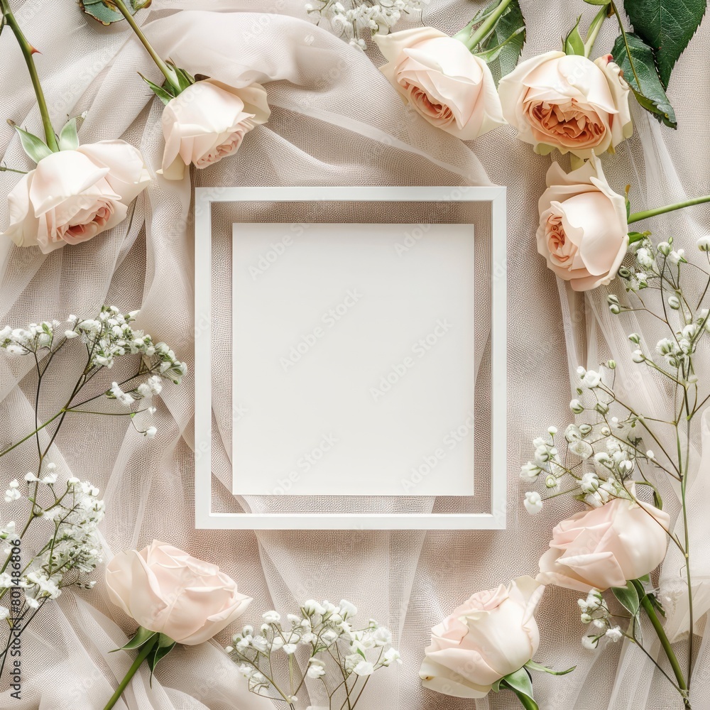 Poster A white frame with a white background and a bunch of pink roses surrounding it. The roses are scattered around the frame, with some in the foreground and others in the background